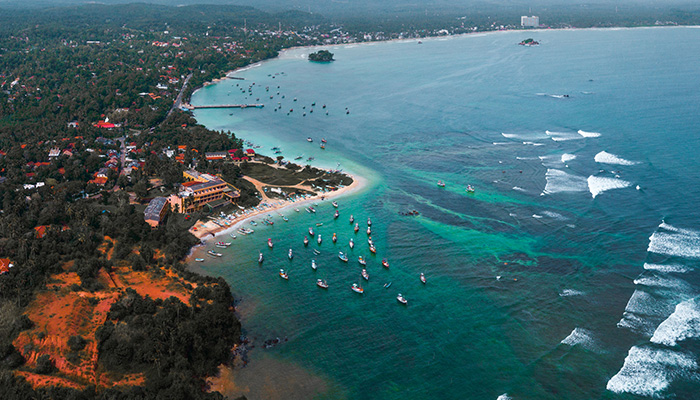 Aerial view of the Weligama beach in Sri Lanka