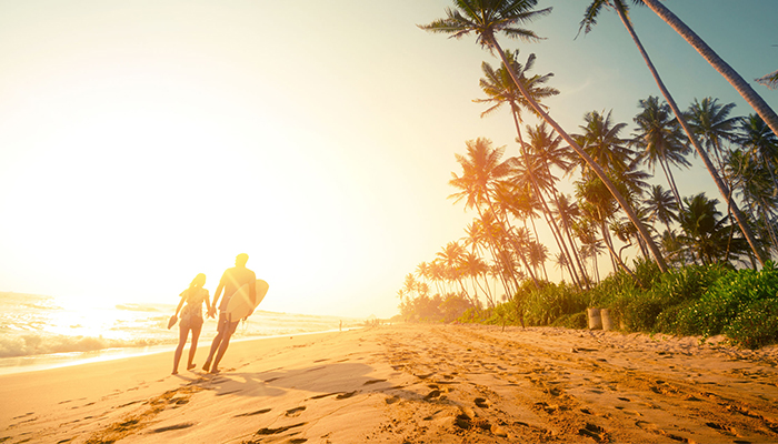 A couple walking with surfing equipment in the beach