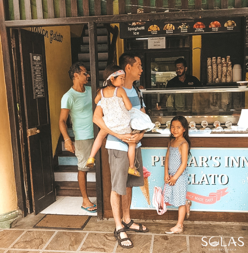 Family waiting for gelato at Pedlar's Inn Gelataria in Galle Fort, Sri Lanka
